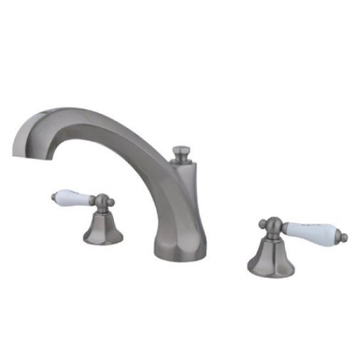 Kingston Brass Two Handle Roman Tub Filler Faucet with Porcelain Lever Handles - Brushed Nickel - KS4328PL