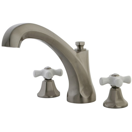 Kingston Brass Two Handle Roman Tub Filler Faucet with Porcelain Cross Handles - Satin Nickel - KS4328PX