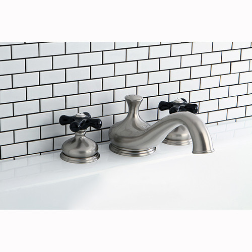 Kingston Brass Two Handle Roman Tub Filler Faucet With Black Porcelain Cross Handle - Brushed Nickel - KS3338PKX