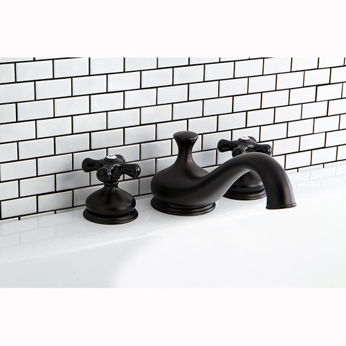 Kingston Brass Two Handle Roman Tub Filler Faucet With Black Porcelain Cross Handle - Oil Rubbed Bronze