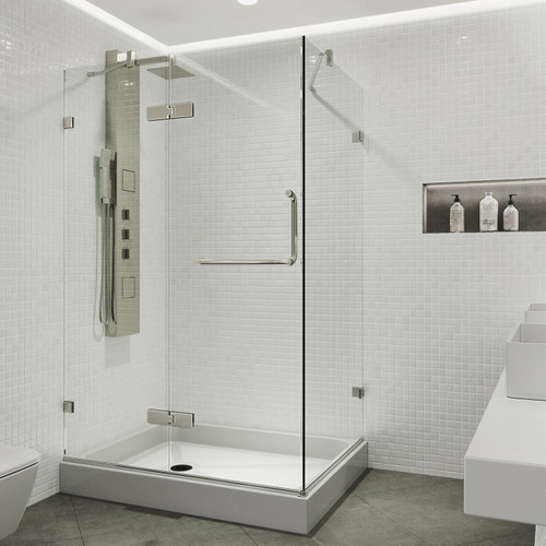 Vigo 32 in. L x 40 in. W x 79 in. H Monteray Frameless Shower Enclosure With Left Drain Base and with Brushed Nickel Hardware