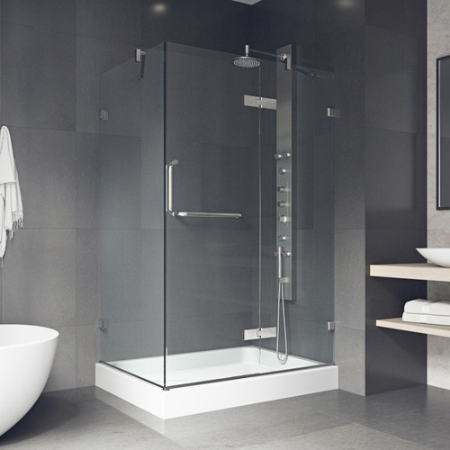 Vigo 32 in. L x 40 in. W x 79 in. H Monteray Frameless Shower Enclosure With Right Drain Base and with Chrome Hardware