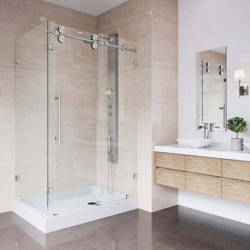Vigo VG6051STCL48WR Winslow Frameless Sliding Door Shower Enclosure With Right Drain Base and with Stainless Steel Hardware