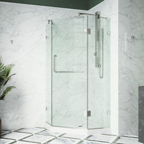Vigo 38 in. L x 38 in. W x 77 in. H Piedmont Frameless Neo-Angle Shower Enclosure With Low-Profile Base and with Brushed Nickel Hardware
