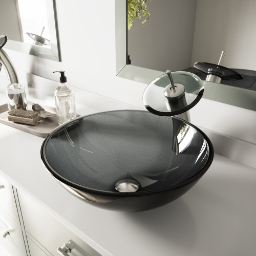 Vigo VGT035BNRND Sheer Black Glass Vessel Bathroom Sink And Waterfall Faucet Set