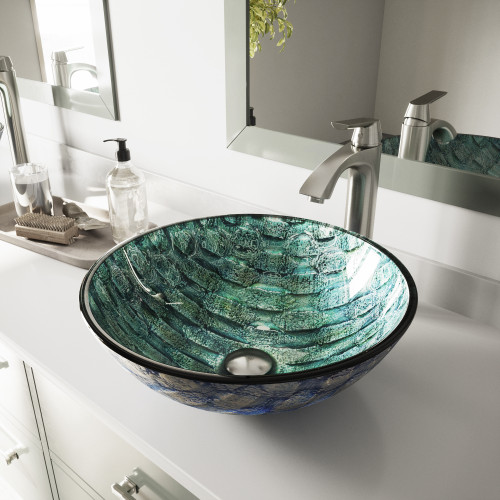 VIGO VGT549 Oceania Glass Vessel Sink and Linus Faucet Set in Brushed Nickel Finish