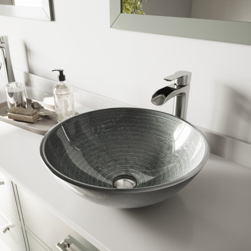 Vigo Simply Silver Glass Vessel Bathroom Sink Set With Niko Vessel Faucet In Brushed Nickel - 16 1/2 inch