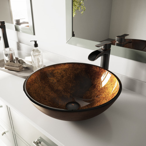 Vigo VGT1077 Russet Glass Vessel Bathroom Sink Set With Niko Vessel Faucet In Antique Rubbed Bronze - 16 1/2 inch