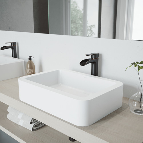 Vigo Marigold Matte Stone Vessel Bathroom Sink Set With Niko Vessel Faucet In Chrome - 14 3/8 inch