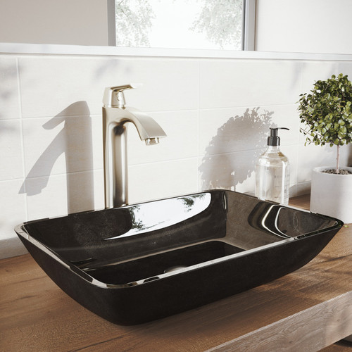 VIGO VGT1651 Rectangular Gray Onyx Glass Vessel Bathroom Sink Set With Linus Vessel Faucet In Brushed Nickel