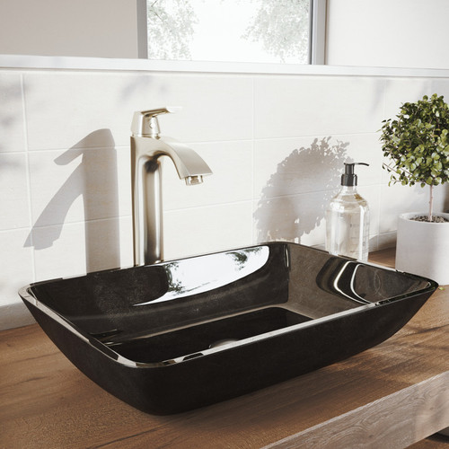 Vigo Rectangular Gray Onyx Glass Vessel Bathroom Sink Set With Linus Vessel Faucet In Brushed Nickel - 17 7/8 inch