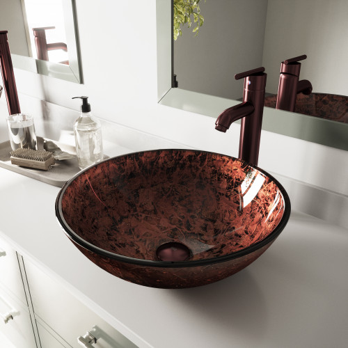 Vigo VGT170 Mahogany Moon Glass Vessel Bathroom Sink Set With Seville Vessel Faucet In Oil Rubbed Bronze - 16 1/2 inch