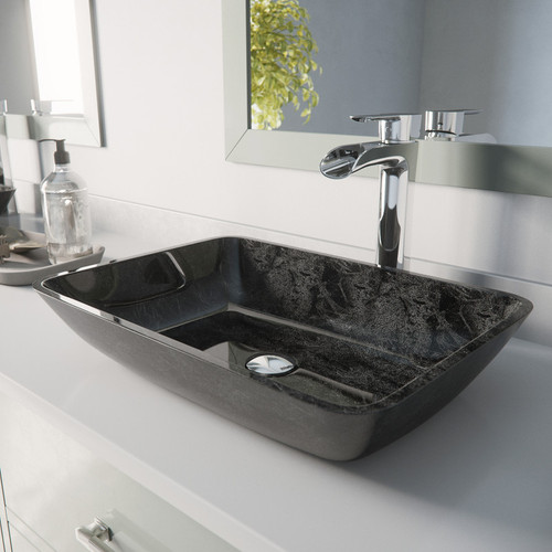 Vigo VGT1852 Rectangular Gray Onyx Glass Vessel Bathroom Sink Set With Niko Vessel Faucet In Chrome