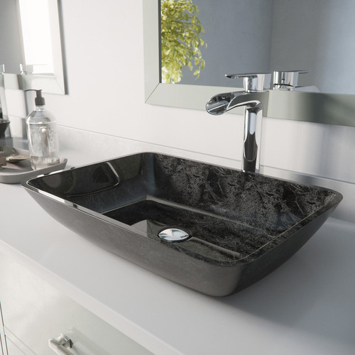 Vigo Rectangular Gray Onyx Glass Vessel Bathroom Sink Set With Niko Vessel Faucet In Chrome - 18 1/8 inch