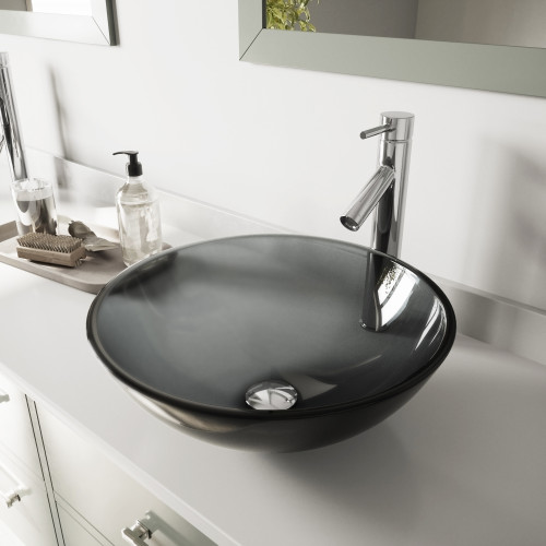 Vigo VGT250 Sheer Black Glass Vessel Bathroom Sink Set With Dior Vessel Faucet In Chrome