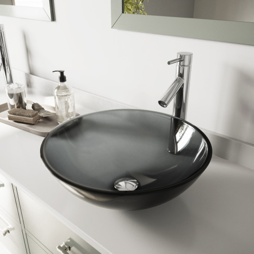 Vigo VGT250 Sheer Black Glass Vessel Bathroom Sink Set With Dior Vessel Faucet In Chrome - 16 1/2 inch