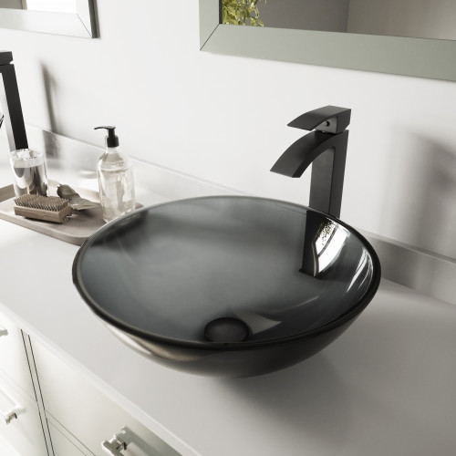 Vigo Sheer Black Glass Vessel Bathroom Sink Set With Duris Vessel Faucet In Matte Black - 16 1/2 inch