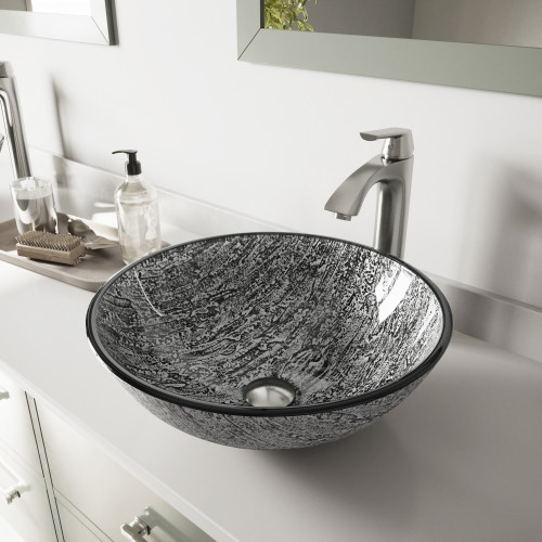 Vigo VGT559 Titanium Glass Vessel Bathroom Sink Set With Linus Vessel Faucet In Brushed Nickel