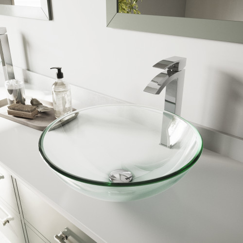 Vigo VGT890 Crystalline Glass Vessel Bathroom Sink Set With Duris Vessel Faucet In Chrome