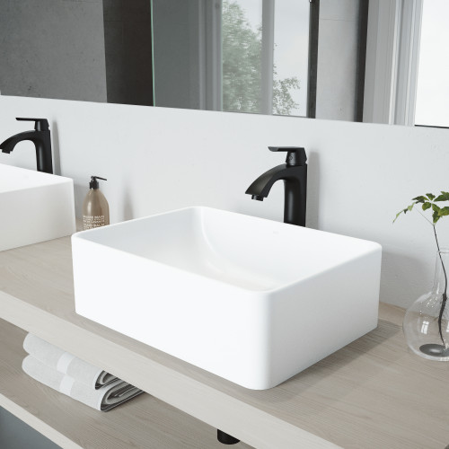 Vigo VGT1148 Hibiscus Matte Stone Vessel Bathroom Sink Set With Linus Vessel Faucet In Matte Black