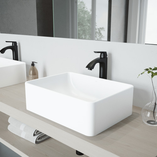 Vigo Hibiscus Matte Stone Vessel Bathroom Sink Set With Linus Vessel Faucet In Matte Black - 16 inch