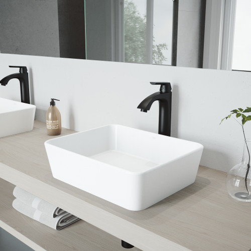 Vigo VGT1150 Marigold Matte Stone Vessel Bathroom Sink Set With Linus Vessel Faucet In Matte Black