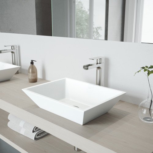 Vigo Vinca Matte Stone Vessel Bathroom Sink Set With Amada Faucet In Brushed Nickel - 13 3/4 inch