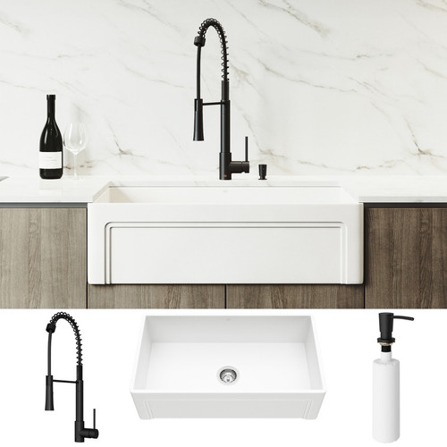 Vigo VG15787 All-In-One 33" Casement Front Matte Stone Farmhouse Apron Kitchen Sink Set With Laurelton Faucet In Matte Black, Strainer And Soap Dispenser