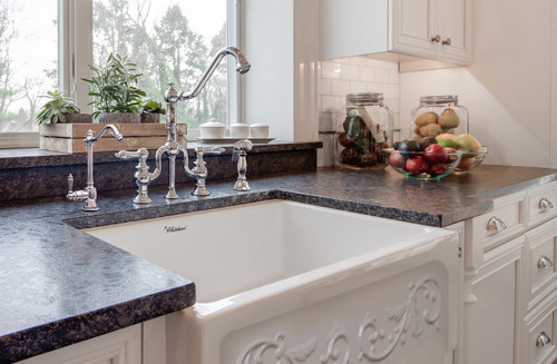 Whitehaus WHSIV3333-WHITE Glencove St. Ives 33" Apron Front Fireclay Sink with Intricate Vine Design on one side & Elegant Beveled Front on Opposite Side