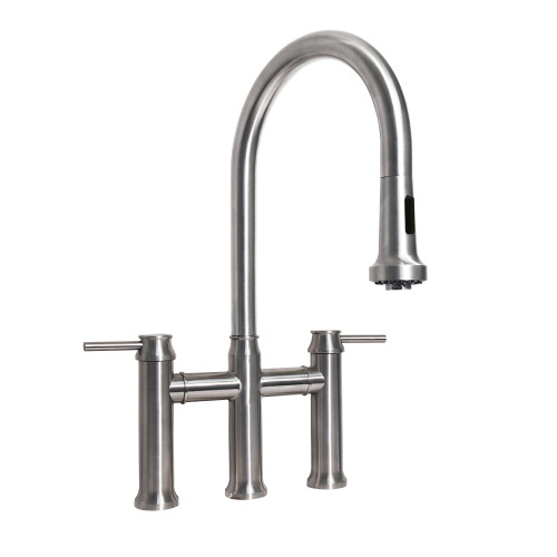 Whitehaus WHS6900-PDK-BSS Waterhaus Bridge Kitchen Faucet with a Gooseneck Swivel Spout, Pull Down Spray Head, Lever Handles - Brushed Stainless Steel