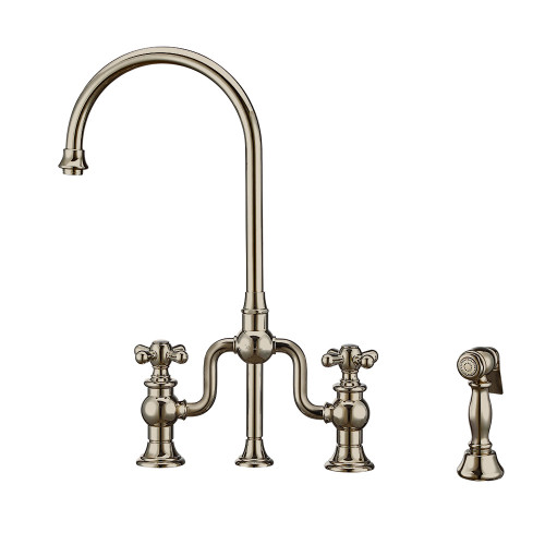 Whitehaus WHTTSCR3-9773-NT-PN Twisthaus Plus Bridge Kitchen Faucet with Gooseneck Swivel Spout, Cross Handles and Brass Side Spray - Polished Nickel