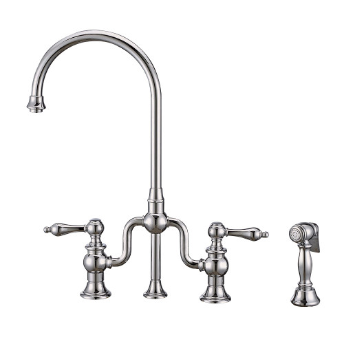 Whitehaus WHTTSLV3-9773-NT-C Twisthaus Plus Bridge Kitchen Faucet with Gooseneck Swivel Spout, Lever Handles and Brass Side Spray - Polished Chrome