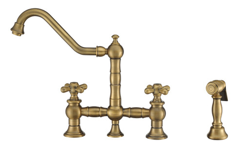 Whitehaus WHKBTCR3-9201-NT-AB Vintage III Plus Bridge Kitchen Faucet with Traditional Swivel Spout, Cross Handles and Brass Side Spray - Antique Brass