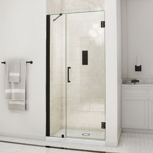 DreamLine Unidoor 37-38 in. W x 72 in. H Frameless Hinged Shower Door with Support Arm in Satin Black