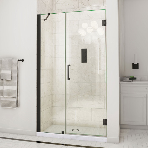 DreamLine Unidoor 48-49 in. W x 72 in. H Frameless Hinged Shower Door with Support Arm in Satin Black