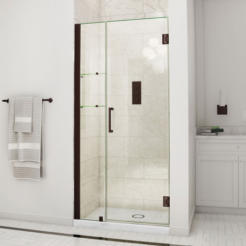 DreamLine Unidoor 35-36 in. W x 72 in. H Frameless Hinged Shower Door with Shelves in Oil Rubbed Bronze