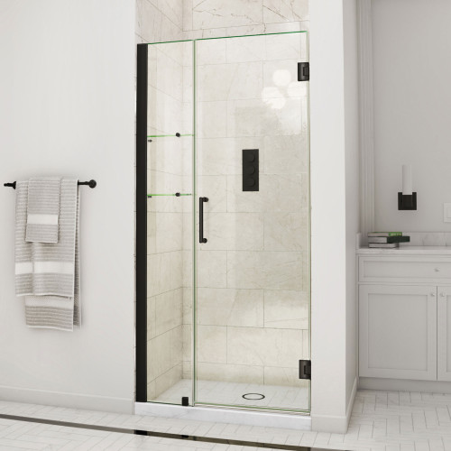 DreamLine Unidoor 42-43 in. W x 72 in. H Frameless Hinged Shower Door with Shelves in Satin Black