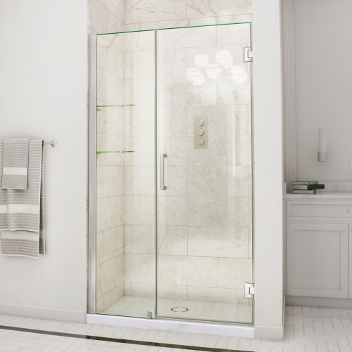 DreamLine Unidoor 44-45 in. W x 72 in. H Frameless Hinged Shower Door with Shelves in Brushed Nickel