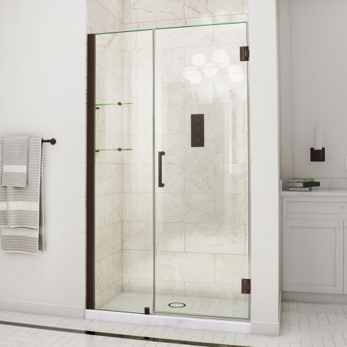 DreamLine Unidoor 47-48 in. W x 72 in. H Frameless Hinged Shower Door with Shelves in Oil Rubbed Bronze DreamLine Unidoor 47-48 in. W x 72 in. H Frameless Hinged Shower Door with Shelves in Oil Rubbed Bronze
