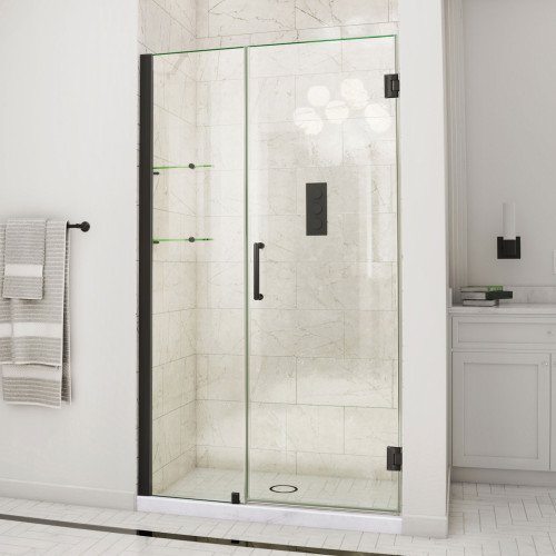 DreamLine Unidoor 45-46 in. W x 72 in. H Frameless Hinged Shower Door with Shelves in Satin Black