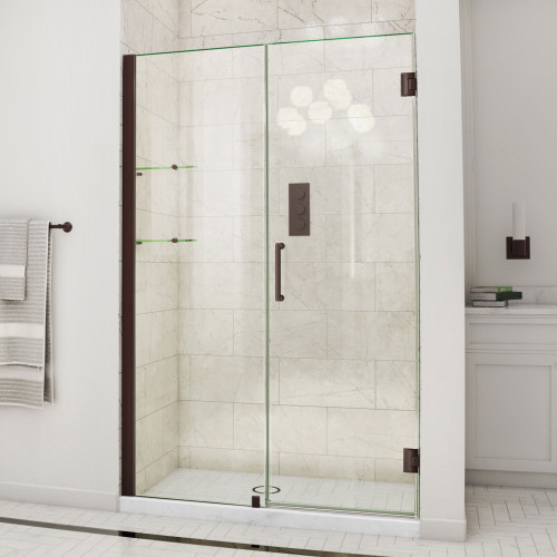 DreamLine Unidoor 49-50 in. W x 72 in. H Frameless Hinged Shower Door with Shelves in Oil Rubbed Bronze