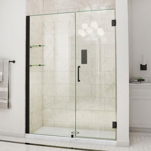 DreamLine Unidoor 56-57 in. W x 72 in. H Frameless Hinged Shower Door with Shelves in Satin Black
