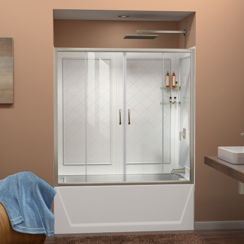 DreamLine Visions 56-60 in. W x 60 in. H Semi-Frameless Sliding Tub Door in Brushed Nickel with White Acrylic Backwall Kit