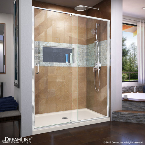 DreamLine Flex 30 in. D x 60 in. W x 74 3/4 in. H Semi-Frameless Pivot Shower Door in Chrome with Center Drain Biscuit Base Kit