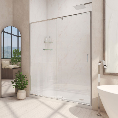 DreamLine Flex 30 in. D x 60 in. W x 74 3/4 in. H Semi-Frameless Pivot Shower Door in Chrome with Right Drain White Base Kit