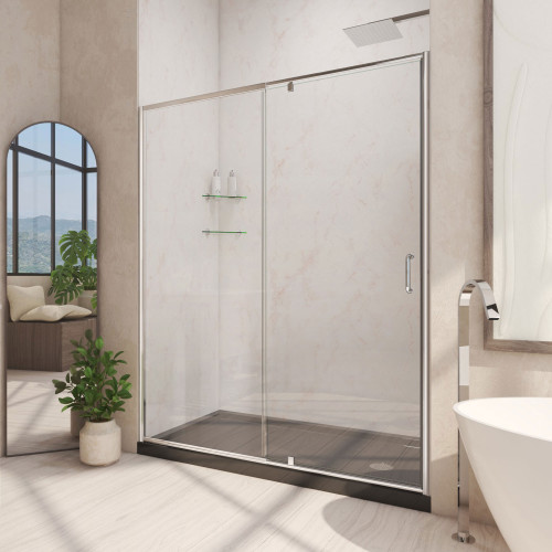DreamLine Flex 34 in. D x 60 in. W x 74 3/4 in. H Semi-Frameless Pivot Shower Door in Chrome with Right Drain Black Base Kit