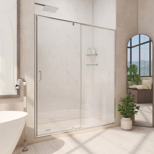 DreamLine Flex 36 in. D x 60 in. W x 74 3/4 in. H Semi-Frameless Pivot Shower Door in Chrome with Left Drain Biscuit Base Kit