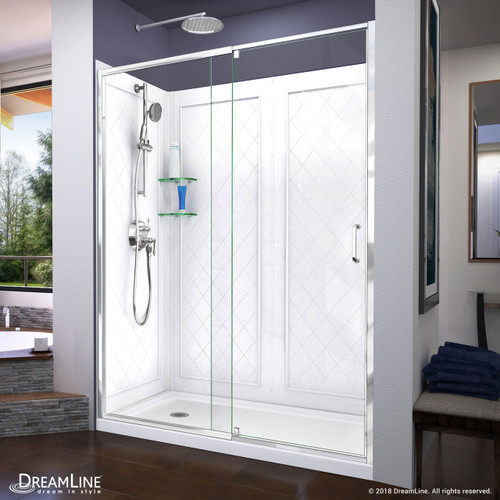 DreamLine Flex 30 in. D x 60 in. W x 76 3/4 in. H Semi-Frameless Shower Door in Chrome with Left Drain White Base and Backwalls