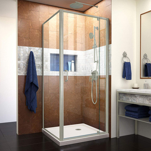 DreamLine Flex 32 in. D x 32 in. W x 74 3/4 in. H Semi-Frameless Pivot Shower Enclosure and Biscuit Base in Brushed Nickel