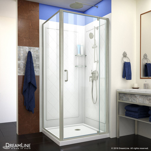 DreamLine Flex 36 in. D x 36 in. W x 76 3/4 in. H Semi-Frameless Shower Enclosure in Brushed Nickel with White Base and Backwalls